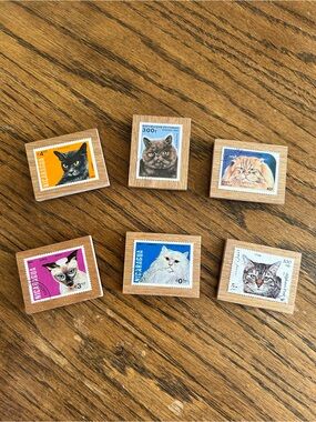Handmade Vintage Postage Stamp Magnets On Wood • CATS you pick one